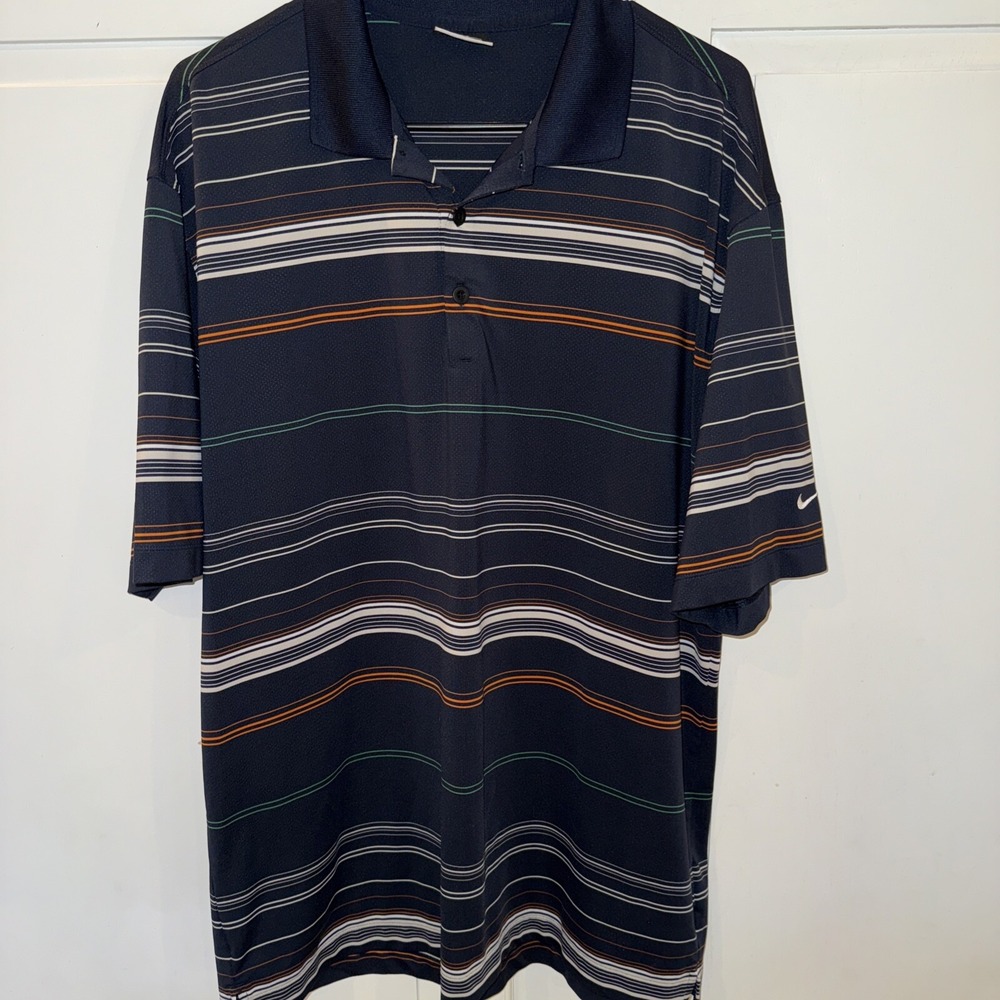 NIKE Golf Polo Shirt SS Men L Navy Blue Striped Orange Dri-Fit Athletic Stretch